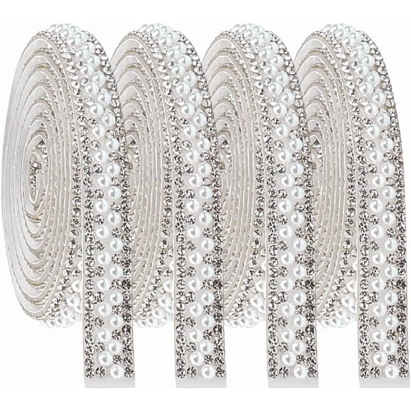 4Pcs 4 Yards Pearl Ribbon White Self Adhesive Pearl Rhinestone Ribbon Rhinestone Trim Sticker Strips Trim
