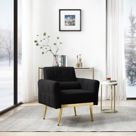 LYPER Black Teddy Fabric Accent Chair Modern Side Armchair with Gold Legs Sofa Chairs Reading Chair for Living Room Bedroom Waiting Room