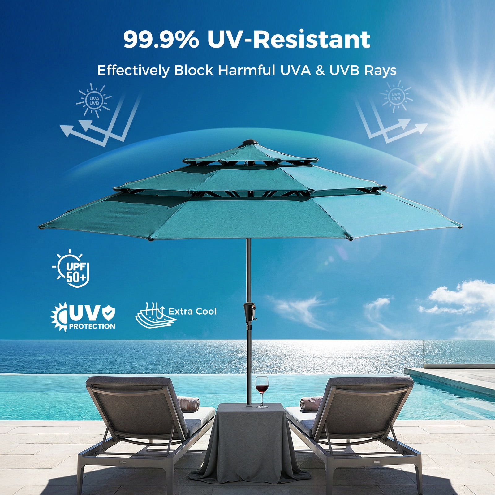 Patbrela 9ft 3-Tier Solar Patio Umbrella with LED Lights, Tilt Adjustment Outdoor Umbrella, Market Sun Shade for Beach, Backyard, Deck, Poolside, Dark Gray