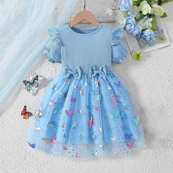 HOMADLES Toddler Kid Dress Crewneck Long Sleeve Mesh Stretch Short Sleeve Ruffed Summer Princess Dress Dress Blue 4-5T