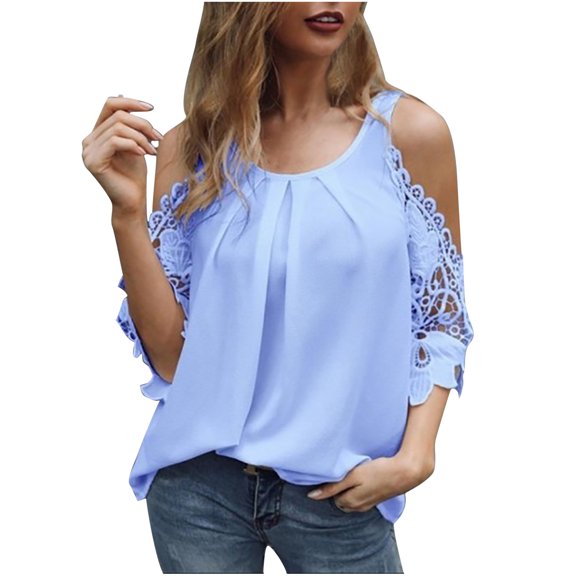 Okbop Sparkly Tops for Women,O Neck Lace Off Shoulder Leisure Commuting Home Fashion Top Short Sleeve Blouses for Women Western Shirts for Women