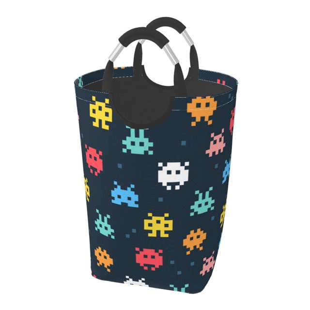 DouZhe 50L Rectangular Laundry Basket, Cartoon Aliens Game Monsters Prints Waterproof Foldable Laundry Hamper with Aluminum Handles