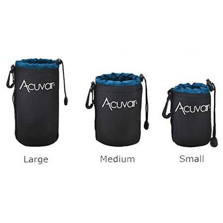 Soft Lens Pouch Case 3-Pack ACUVAR Soft Neoprene Lens Pouch for DSLR Lenses (Small, Medium and Large) f/ Canon, Nikon, Pentax, Olympus, Sony, Panasonic, Nikkor w/ Drawstring, Water Resistant ()