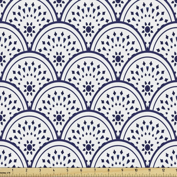 Moroccan Sofa Upholstery Fabric by the Yard, Scale Floral Geometric Ceramic Pattern Inspired Circles Illustration Print, Decorative Fabric for DIY and Home Accents, Indigo and White by Ambesonne