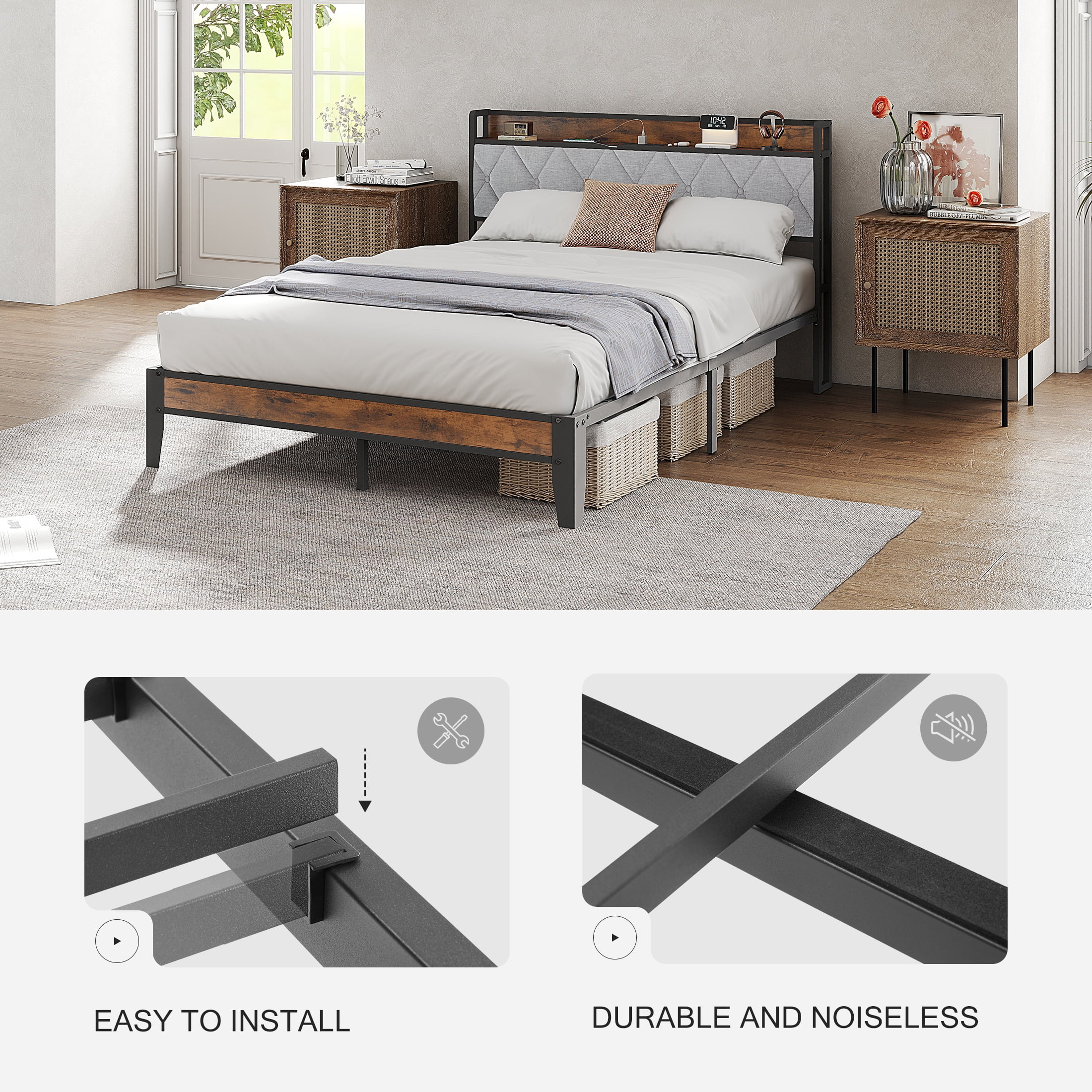 MCQ Modern Bed Frame with Charging Station, Metal Bed Frame with Upholstered Headboard, Queen