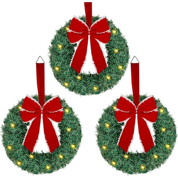 3 Pack Mini Christmas Wreath, Lighted Christmas Front Door Wreath, Xmas Wreath for Holiday Christmas Party Decorations (Red Bow)