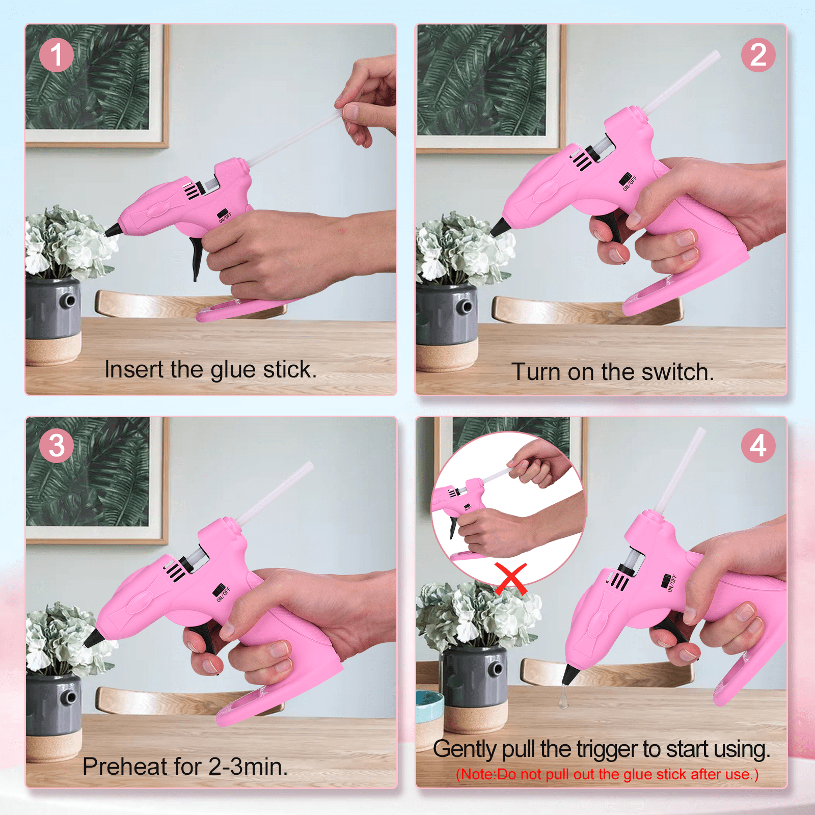 Uarter Hot Glue Gun Cordless Full Size 2600mAh USB Rechargeable LED Digital Hot Melt Glue Tool with Stand, 30 Glue Sticks & 6 Finger Protectors - Pink