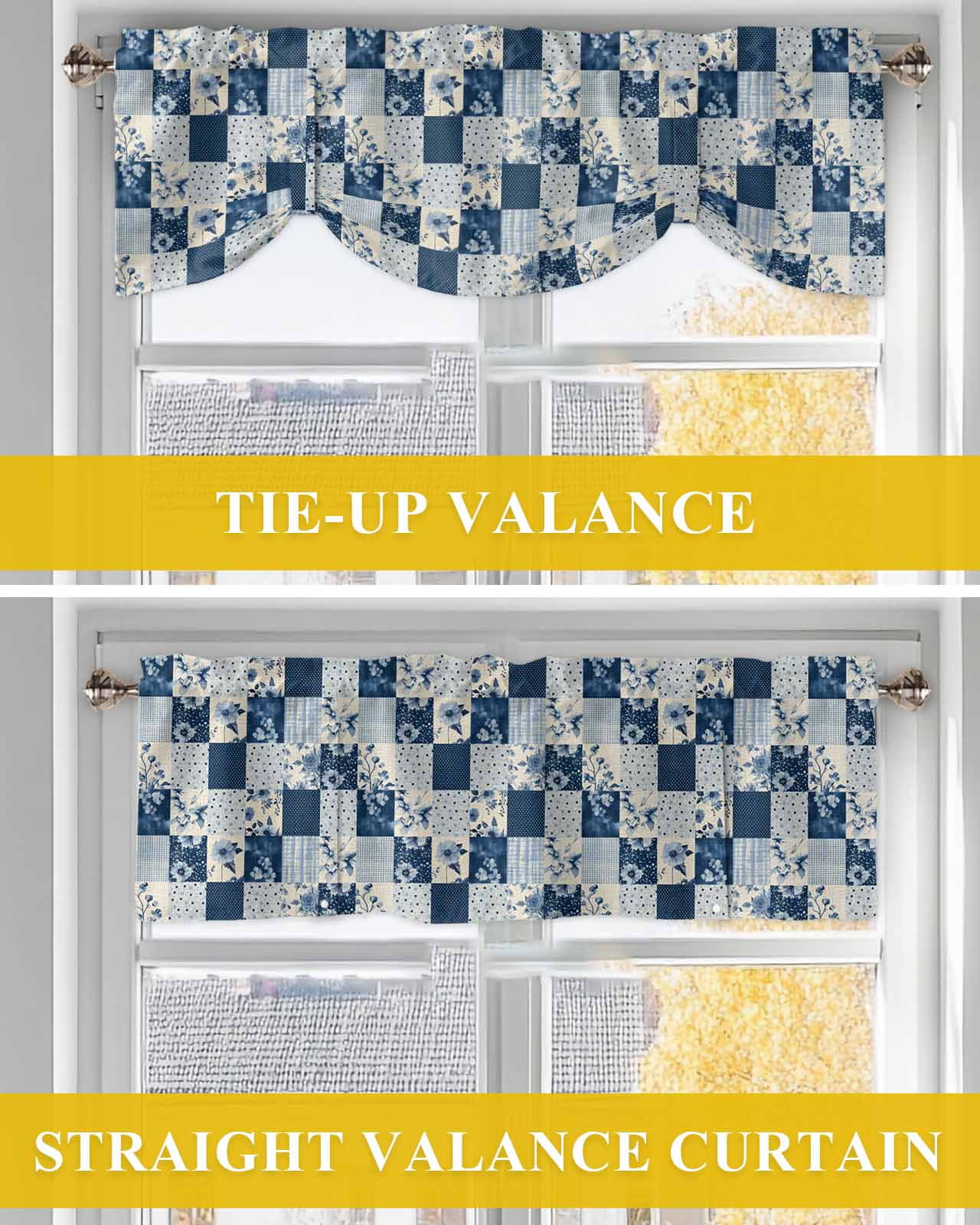 Vintage Patchwork Tie Up Valances Curtain, Blue Flowers Polka Dot Linen Kitchen Valances for Windows Decor, Rod Pocket Short Curtains Set for Bedroom/Bathroom, 60"x18"