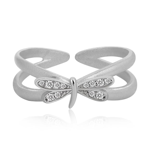 Meissa Silver Dragonfly Open Band Ring for Women, Matte Finish Crossover Statement Ring with Sparkling Stone