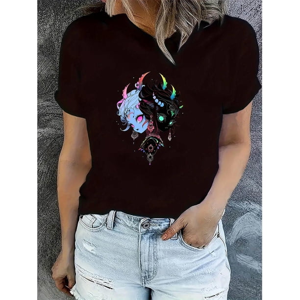 Playera estampada para mujer, divertida e inspiradora, novedosa, informal, de manga corta1pc Women's Casual Graphic Tee, Polyester Round Neck Short Sleeve T-Shirt with Abstract Demon Girl Print, Com