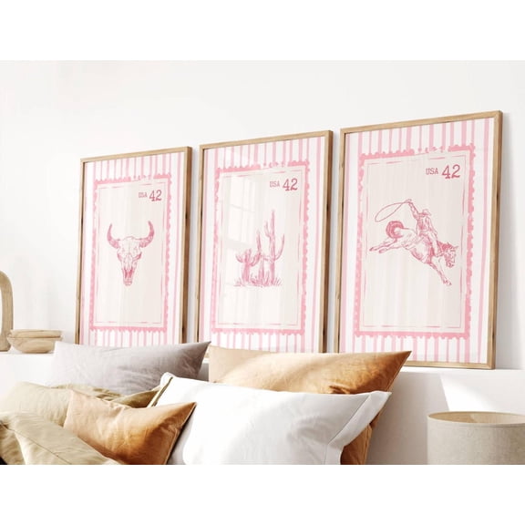 Cowgirl Stamp Prints Girly Western Wall Art Vintage Rodeo Poster Set 3 Unframed Paper Print 8x12