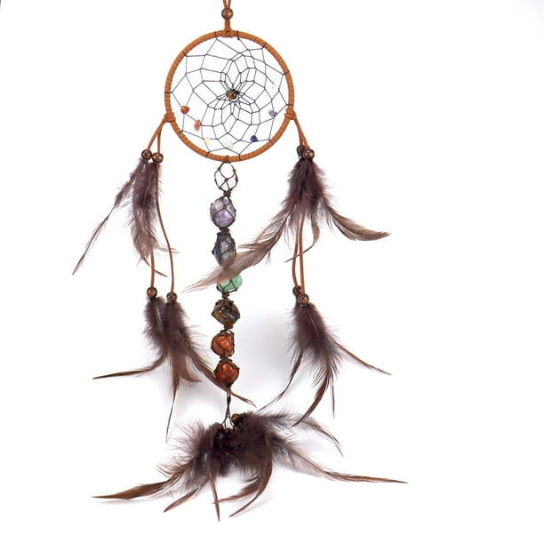 Atrapasueños de gamuza marrón de estilo nativo tradicional con cuentas de hueso y plumas - 22" de largo x 4,3" de diámetro