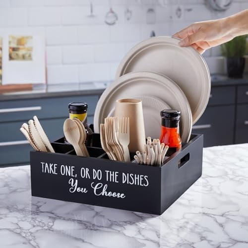 Paper Plate Dispenser for Countertop - Wooden Utensil Holder Organizer for Party - Silverware Caddy for Plate, Cup, Fork, Spoon - Cutlery Holder with Handles for Kitchen Camping Buffet