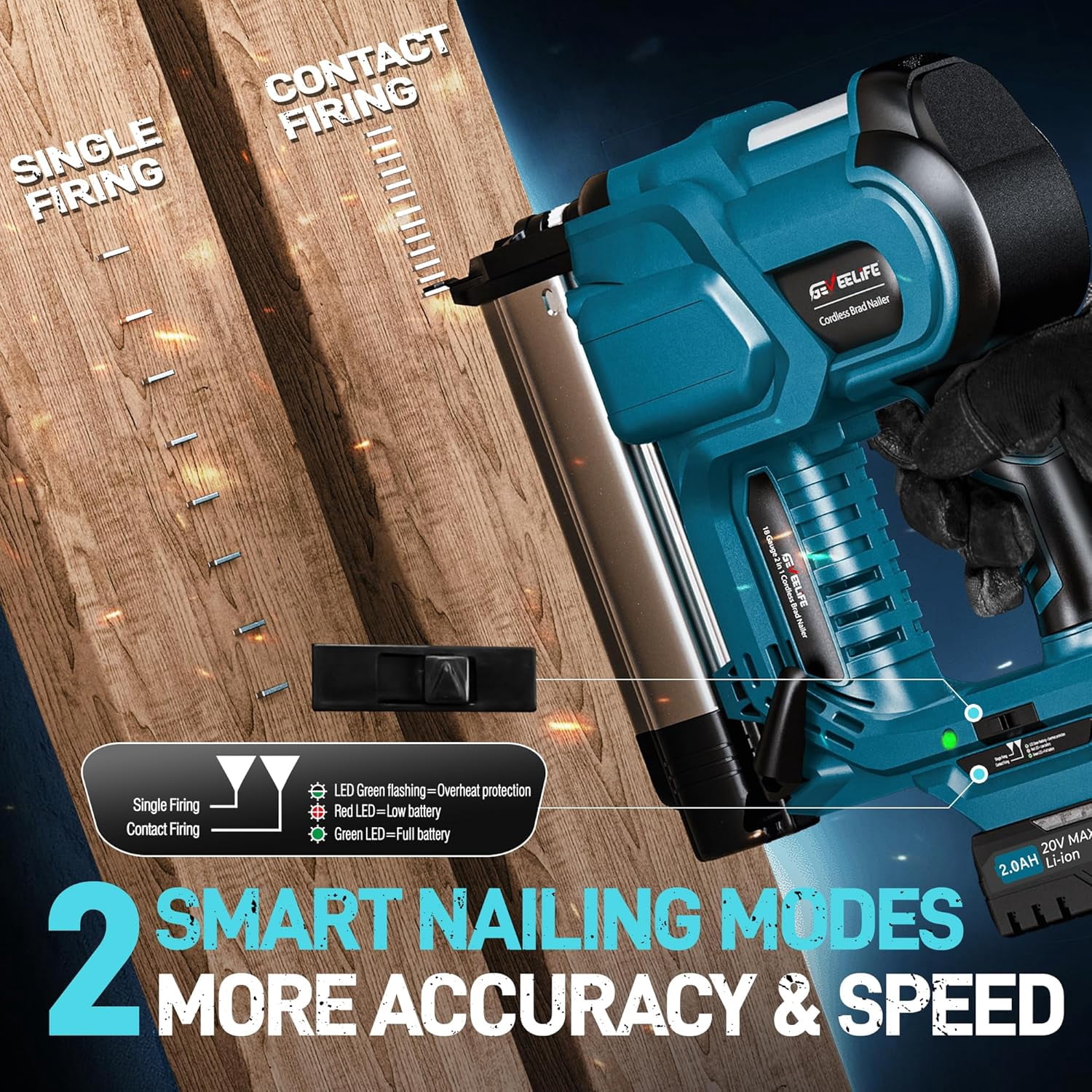 GEVEELIFE Cordless 2" Brad Nailer with 2×2.0Ah Batteries – 2-in-1 18G Nail Gun & Staple Gun, Battery-Powered, 1000 Nails Included, Adjustable Depth, 2 Modes for Wood Carpentry - Dark Blue