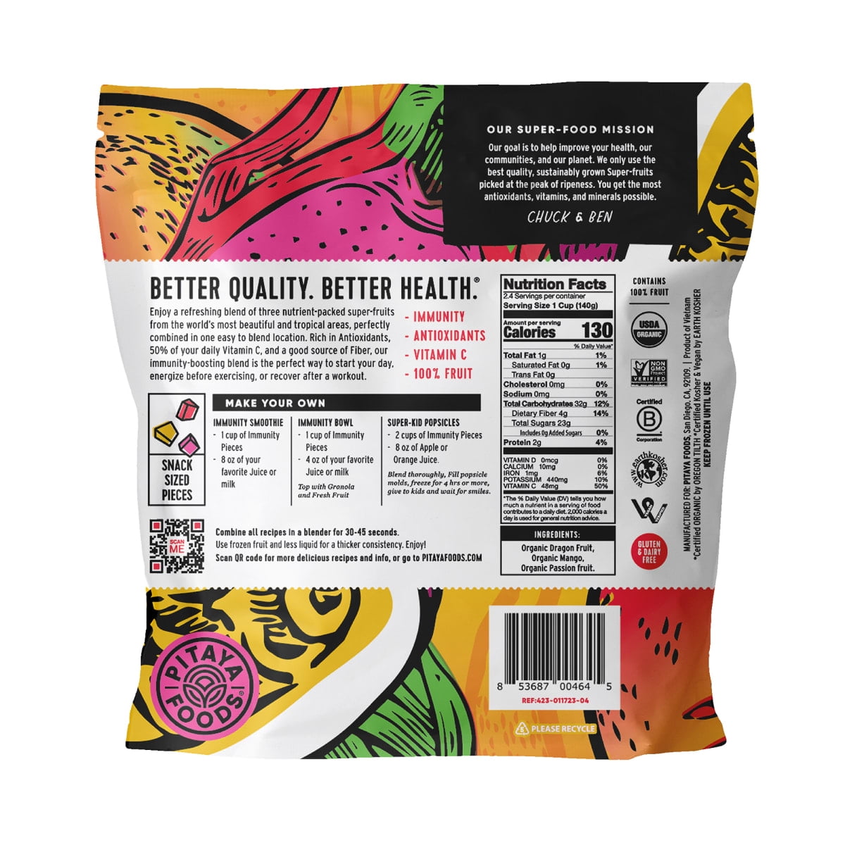Pitaya Foods Bite-Sized Immunity Frozen Fruit Blend, Dragon & Passion Fruit, and Mango, 12 oz