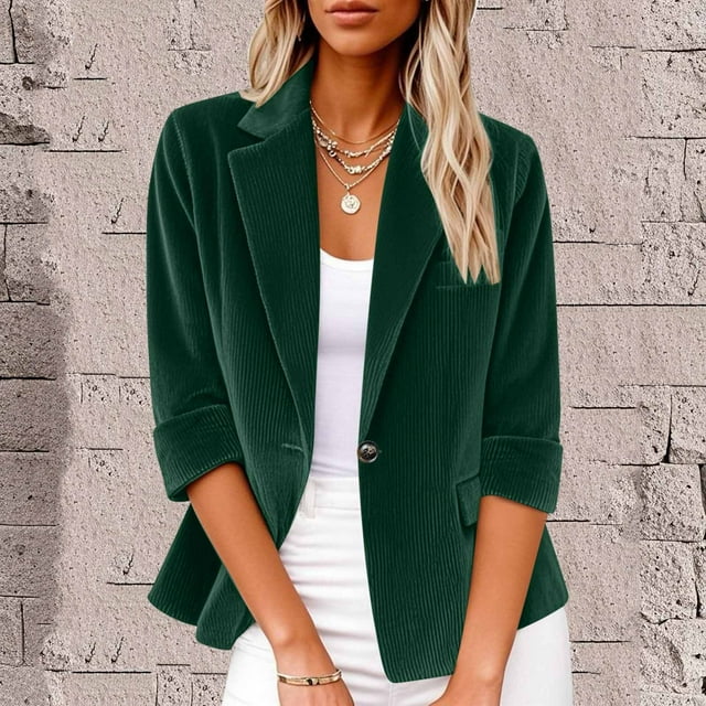 KIHOUT Women's Corduroy Blazer 3/4 Ruched Sleeves, Lightweight Slim Fit Suit Jackets with Pockets
