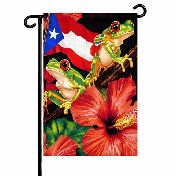 Frog Puerto Rico Flag Garden Flags for Outside Hibiscus Flower Double Sided Yard Flags Outdoor House Decoration, Small 12X18 Inch,