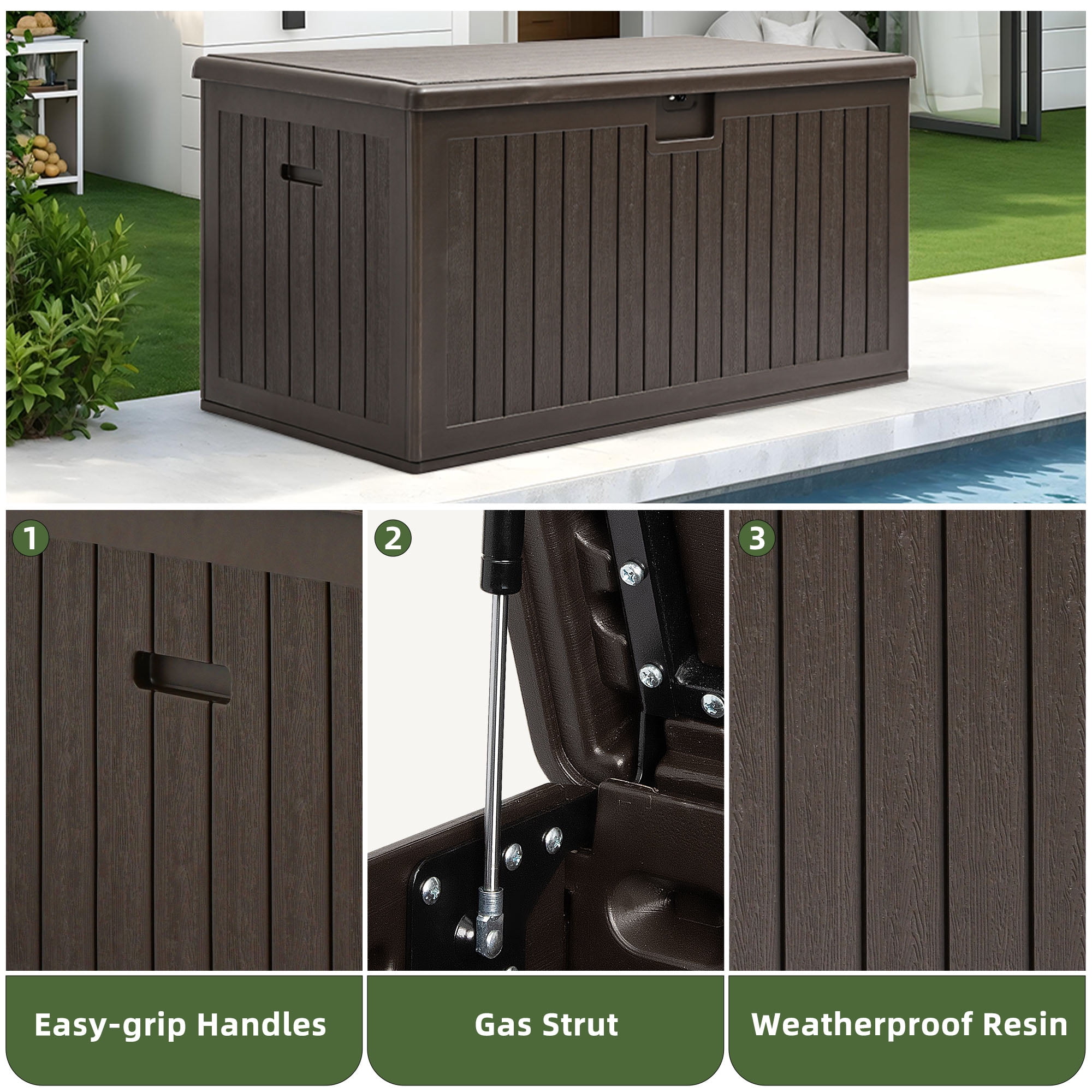 Uforic 150 Gallon Large Outdoor Deck Box, Double-Wall Resin Storage Box with Side Handles, Waterproof & Lockable,Brown