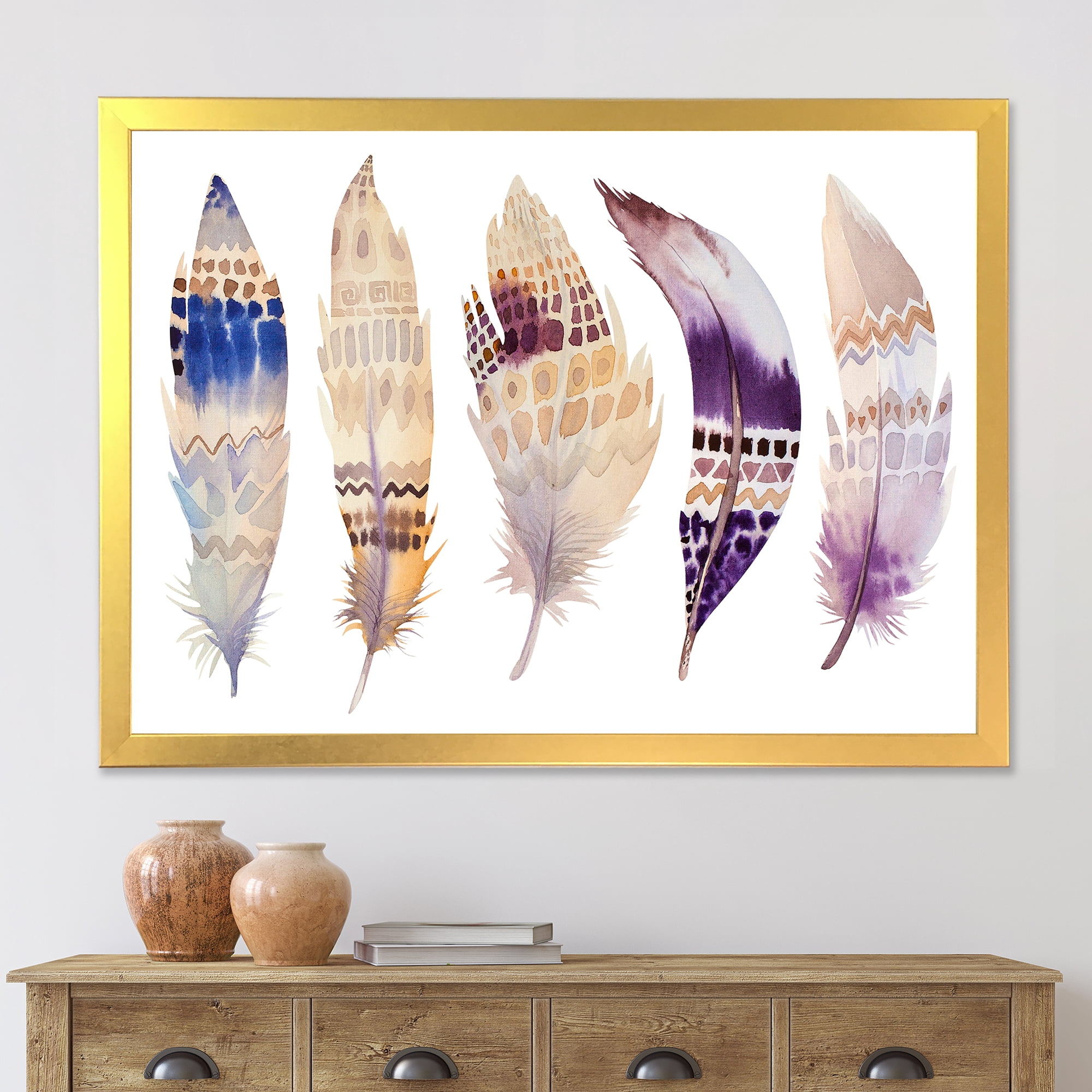 Designart 'Ethnic Purple Boho Art Feathers' Bohemian & Eclectic Framed Art Print