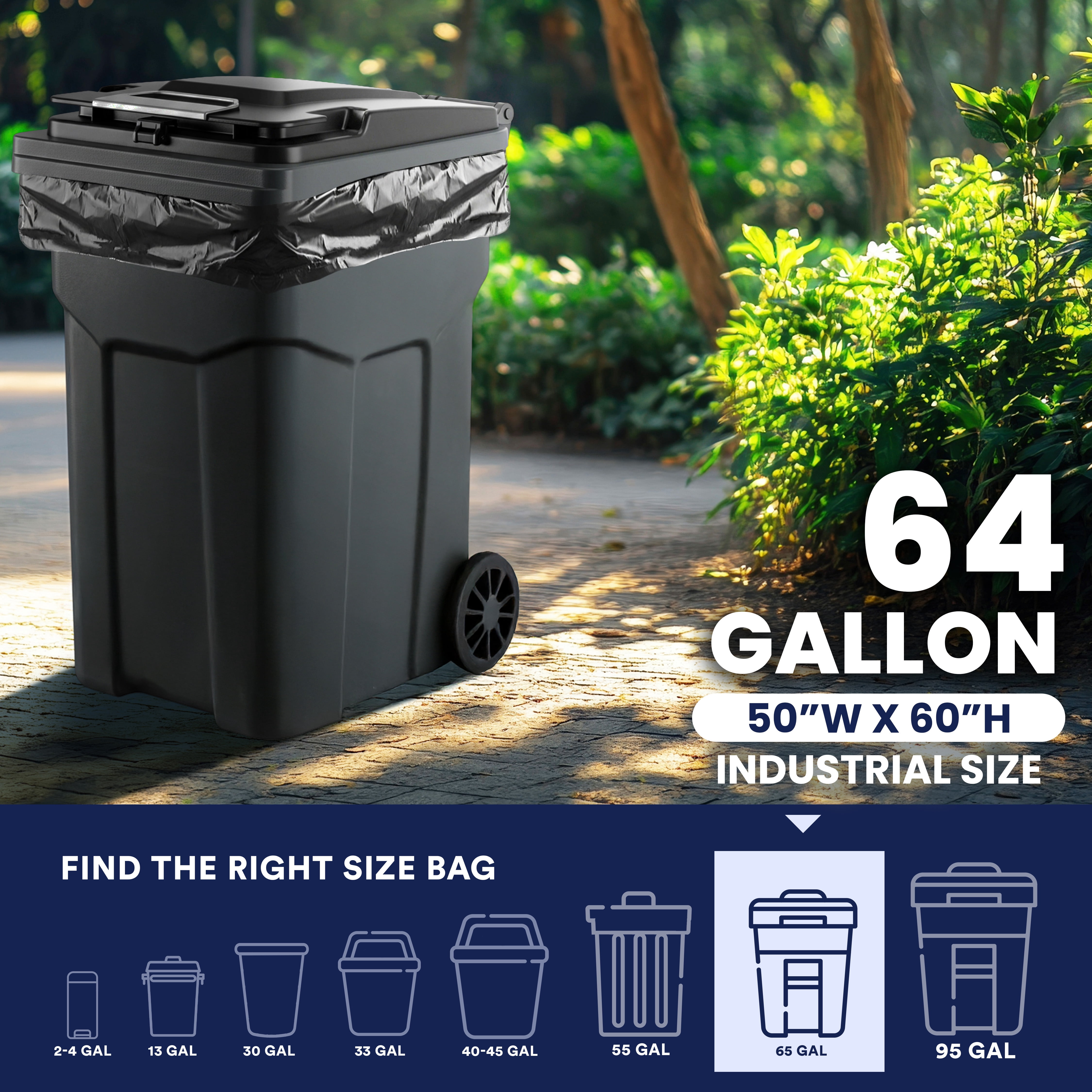 Plasticplace 64-65 Gallon Trash Can Liners for Toter │ 2.0 Mil │ Black Heavy Duty Garbage Bags │ Rolls │ 49” x 59” (50 Count)