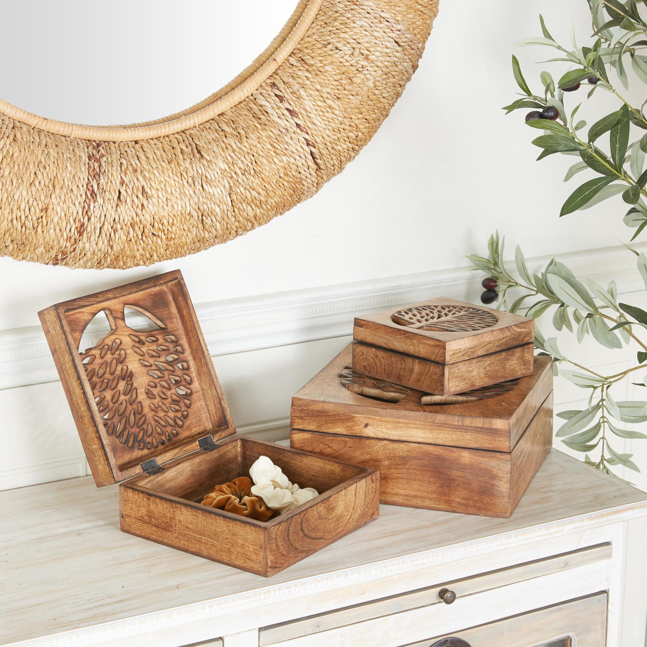 DecMode Tree Handmade Brown Wood Decorative Box with Hinged Lid, 3 Count