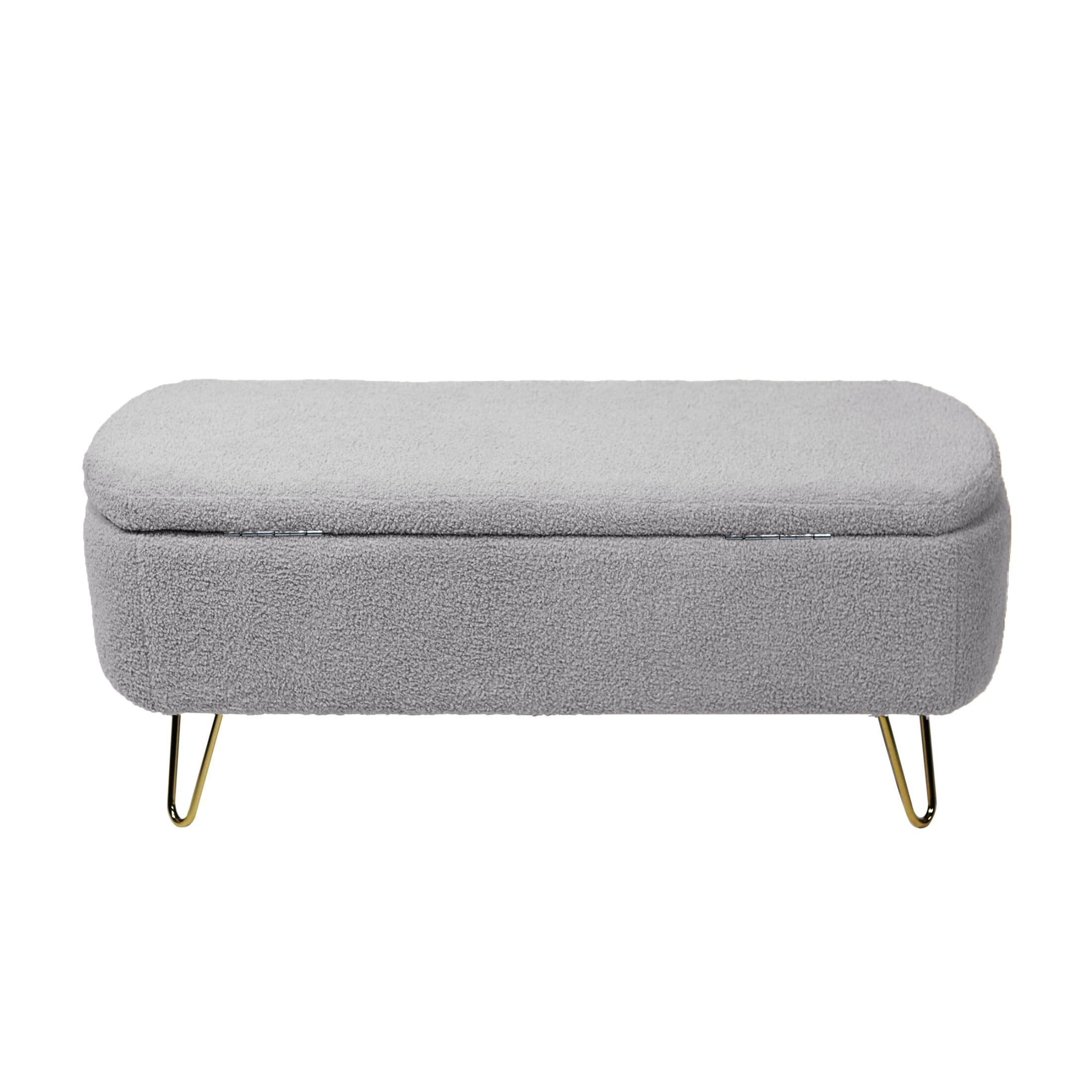 DEALTOPS Stylish Faux Fur Storage Bench, Oval Ottoman with Storage Space and Metal Legs, Gray