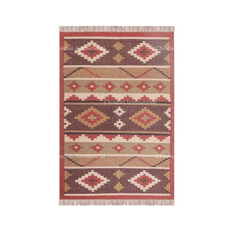 Chouhan Rugs Kilim Rug Wool Jute Rug Bohemian Rugs Jute Rug Wool Rug Kilim Dhurri Wool and Jute Rug Handmade Kilim Dhurrie Rug Traditional Indian Wool Jute Rugs ( 5x8 Ft ) (KILM-17)