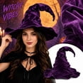 thumbnail image 3 of Crushed Velvet Wrinkled Witch Hat Adult Halloween, Polyester Fiber Twisted Curved Wizard Hat Vintage Prop for Spooky Halloween Party and Dress Up Purple B, 3 of 5