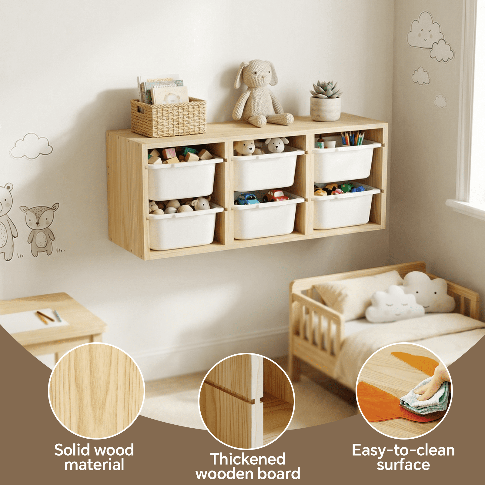 HAIDAIYA Wood kids toy storage organizer with 6 Bins Wall Mounted Space-Saving Hanging Toy Box for Nursery & Playroom (Natural)