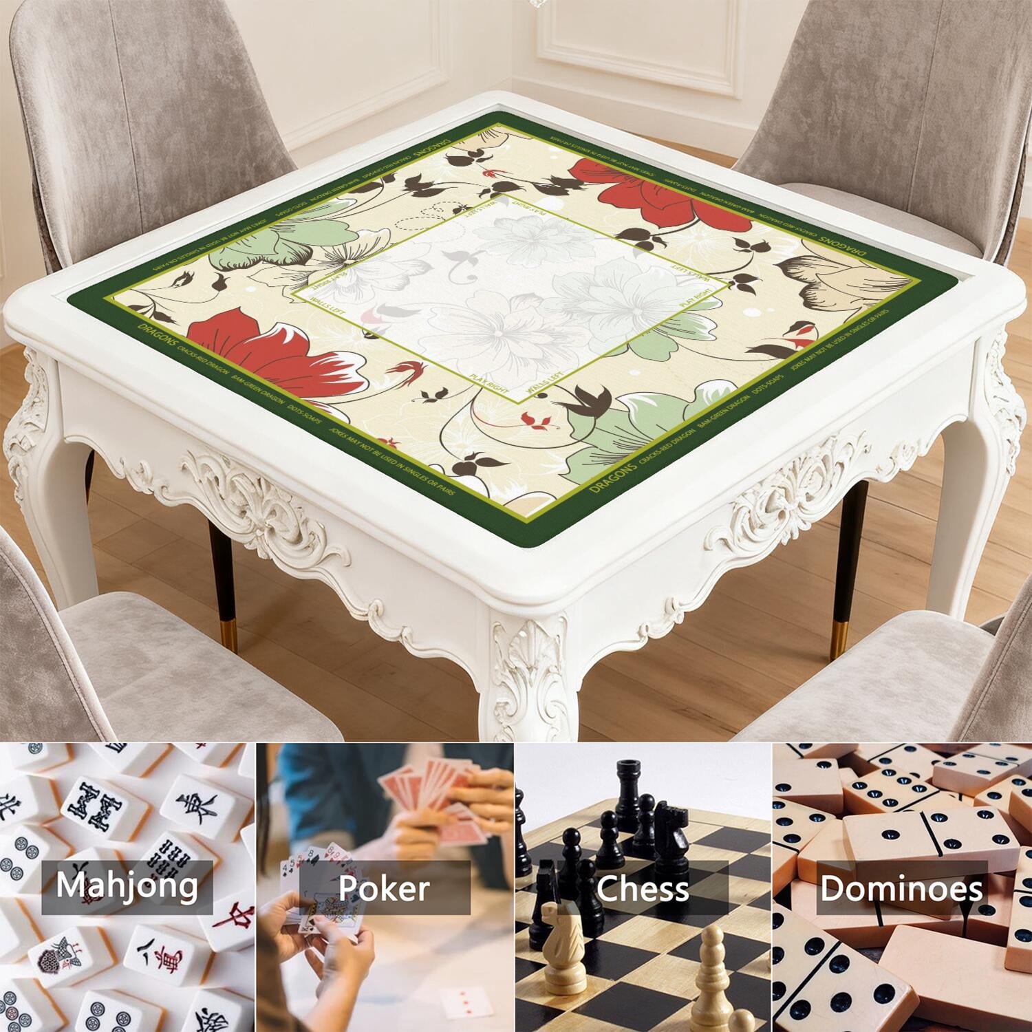 Floral Mahjong Mat with Rules, 31.5*31.5in Anti Slip American Mahjong Mat for Table, Noise Reduction, Neoprene Mah jongg Mats with Carrying Bag & 3 Dices, Mahjong Set Gift, Board Tile Games Mats