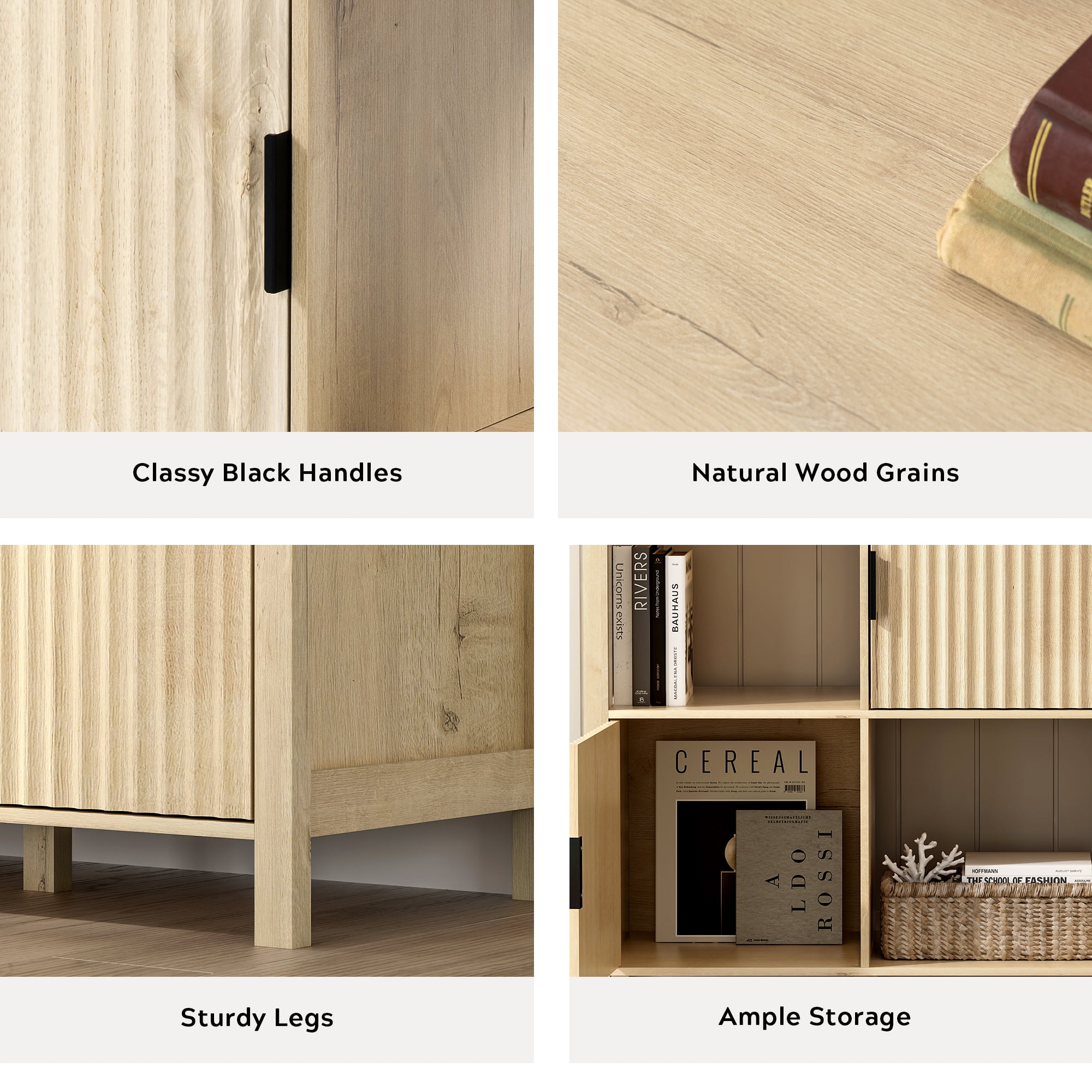 EYYTHUNG Fluted Storage Organizer Bookshelf, Modern Cube Bookcase with 3 Open Shelf and 3 Cabinets with Doors, Light Oak