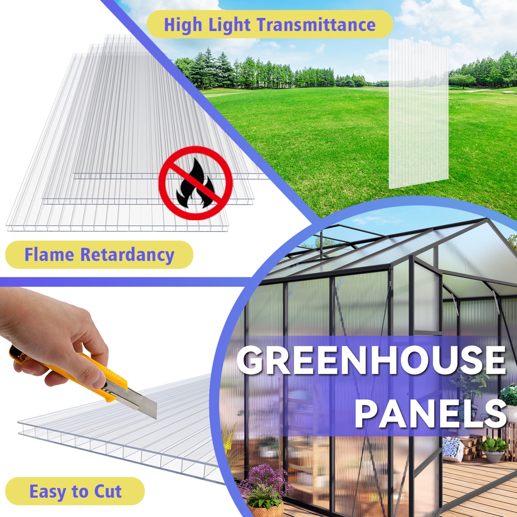 Noble House 6 Pack Twin-Wall Polycarbonate Greenhouse Panels, 5 ft x 2 ft UV-Protected Sheets, Transparent