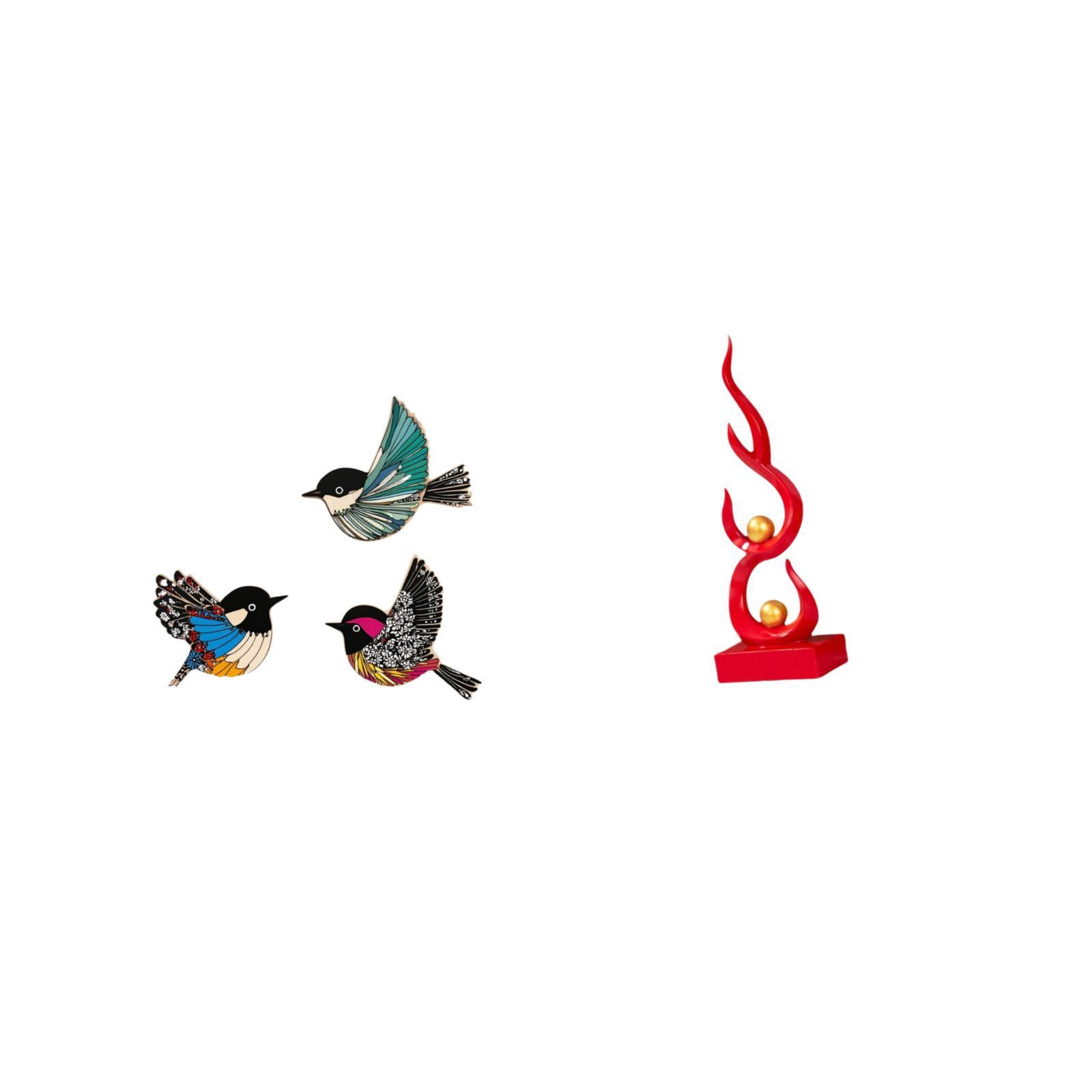 Dualoai Wooden Bird Wall Art and Abstract Fire Statue Resin Flame Figurine Modern Sculpture Craft for Garden Study Room Farmhouse Patio Office Decor