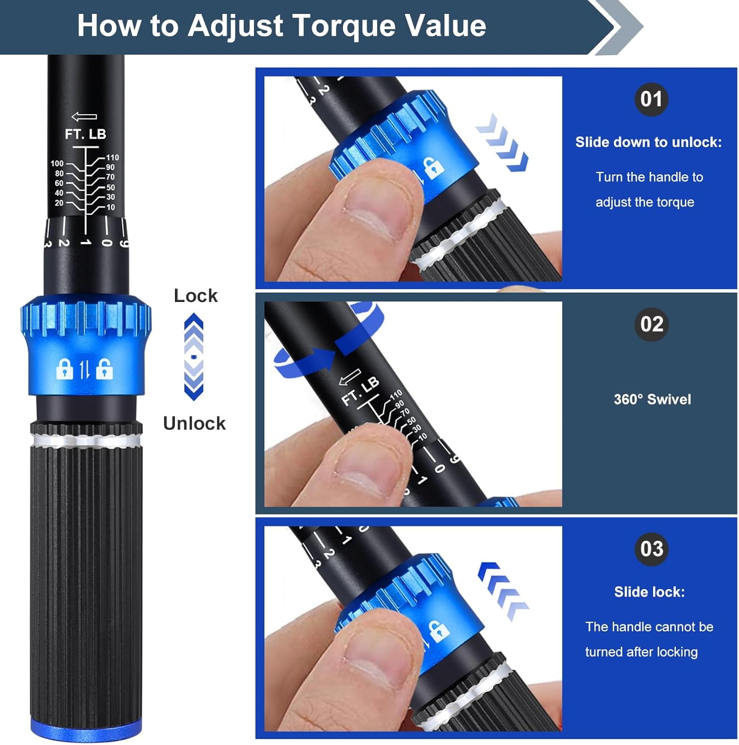3/8 inch Drive Click Torque Wrench, Torque Wrench 3/8 Torquimetro 10-110 FT.LB/13.6-149.2 Nm, Dual-Direction Adjustable 72 Tooth Click Car Torque Wrench for Bike Moto and Car Repair