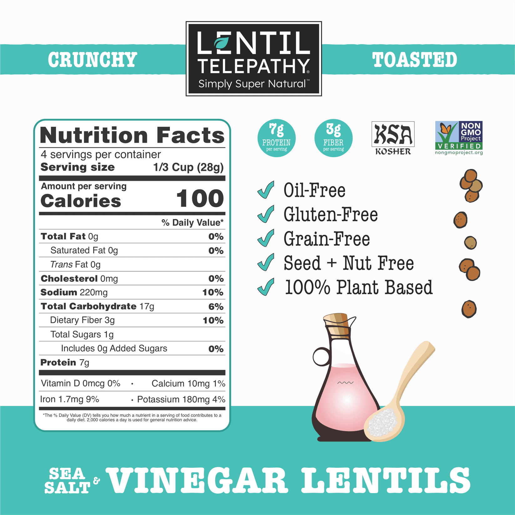 Lentil Telepathy Crunchy Toasted Snacks - Healthy Low Calorie Snacks, 100% Plant-Based Gluten Free Ready to Eat Straight from the Bag, Non-GMO, 4 Ounce Bags (Salt&Vinegar3Pack)