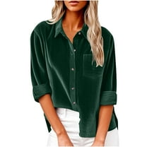 ABATAB Women Corduroy Shirts Fall Winter Warm Lapel V-Neck Button down T-Shirts with Pockets Casual Long Sleeve Office Work Dressy Tops(X-Large,Green)
