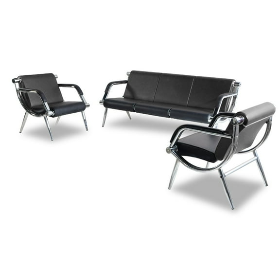WALSPORT Office Reception Sofa Set PU Leather 3 Pcs Waiting Room Chairs Solon Guest Bench W/2PCS Black