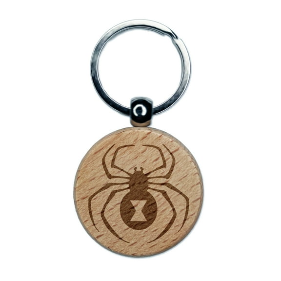 Black Widow Spider Round Keychain Charm Tag - Engraved Wood