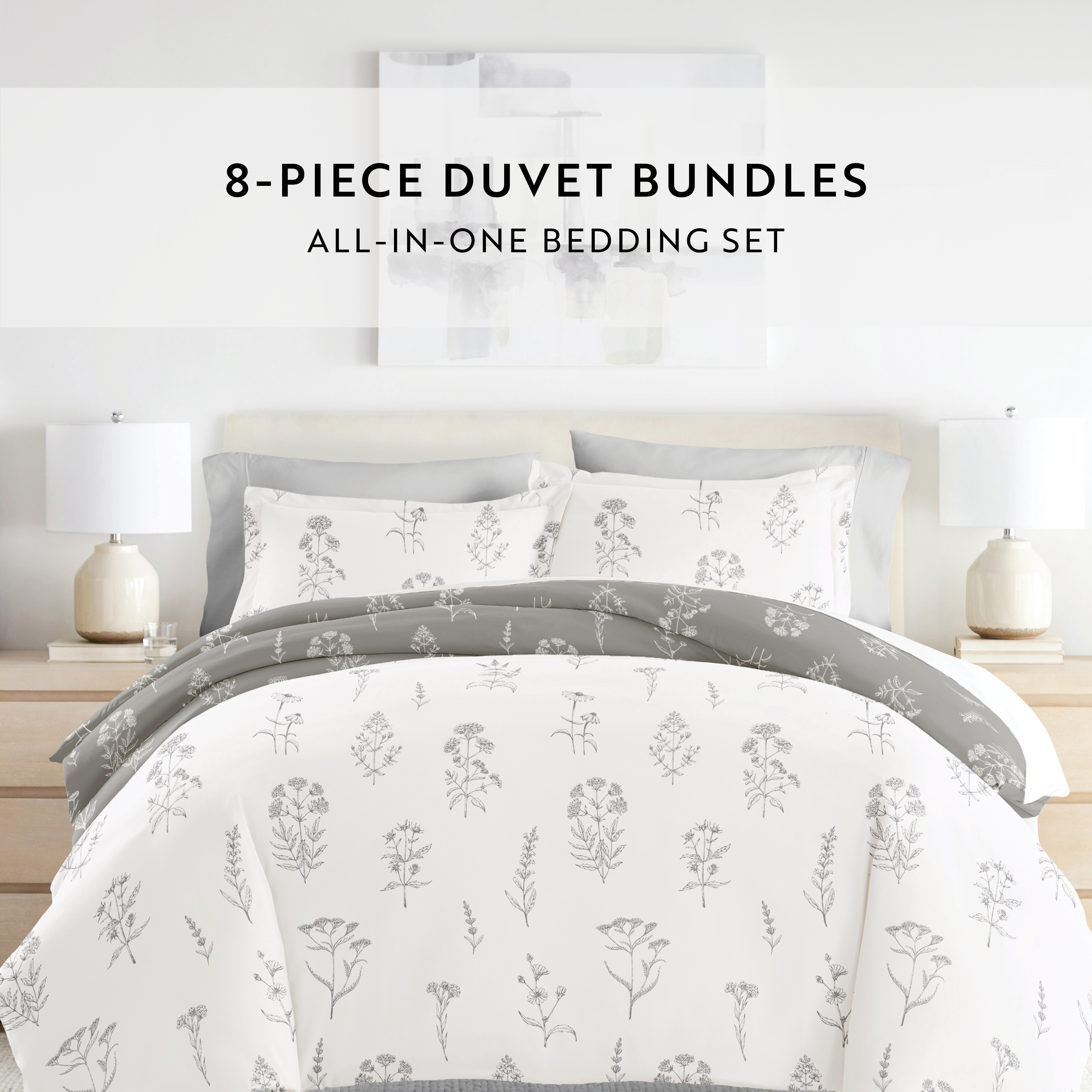 8PC Bedding Bundle - Patterned Duvet Cover Set White Comforter and Solid Sheet Set in Botany Floral