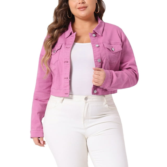 Conjuntos de botones de jeans de mujer de talla grande Agnes Orinda, chaquetas de mezclilla recortadas de moda 2X rosa oscuro