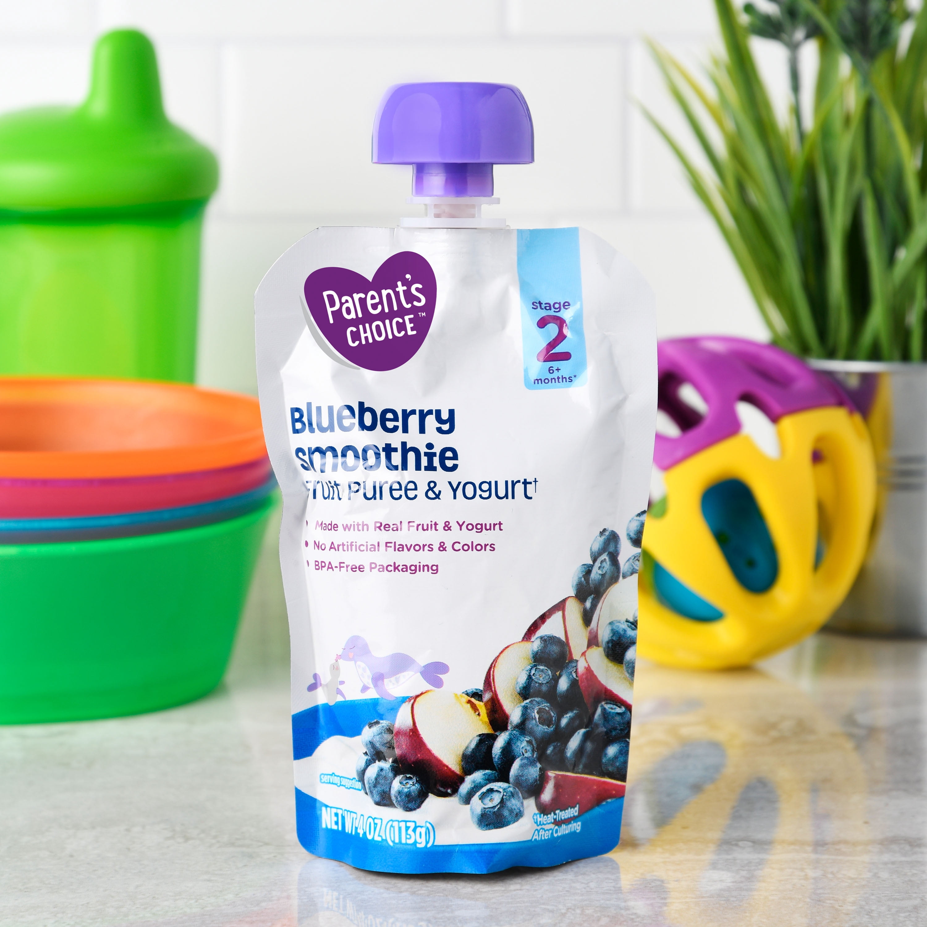 (6 pack) Parent's Choice Blueberry Smoothie Fruit Puree & Yogurt, 4 oz