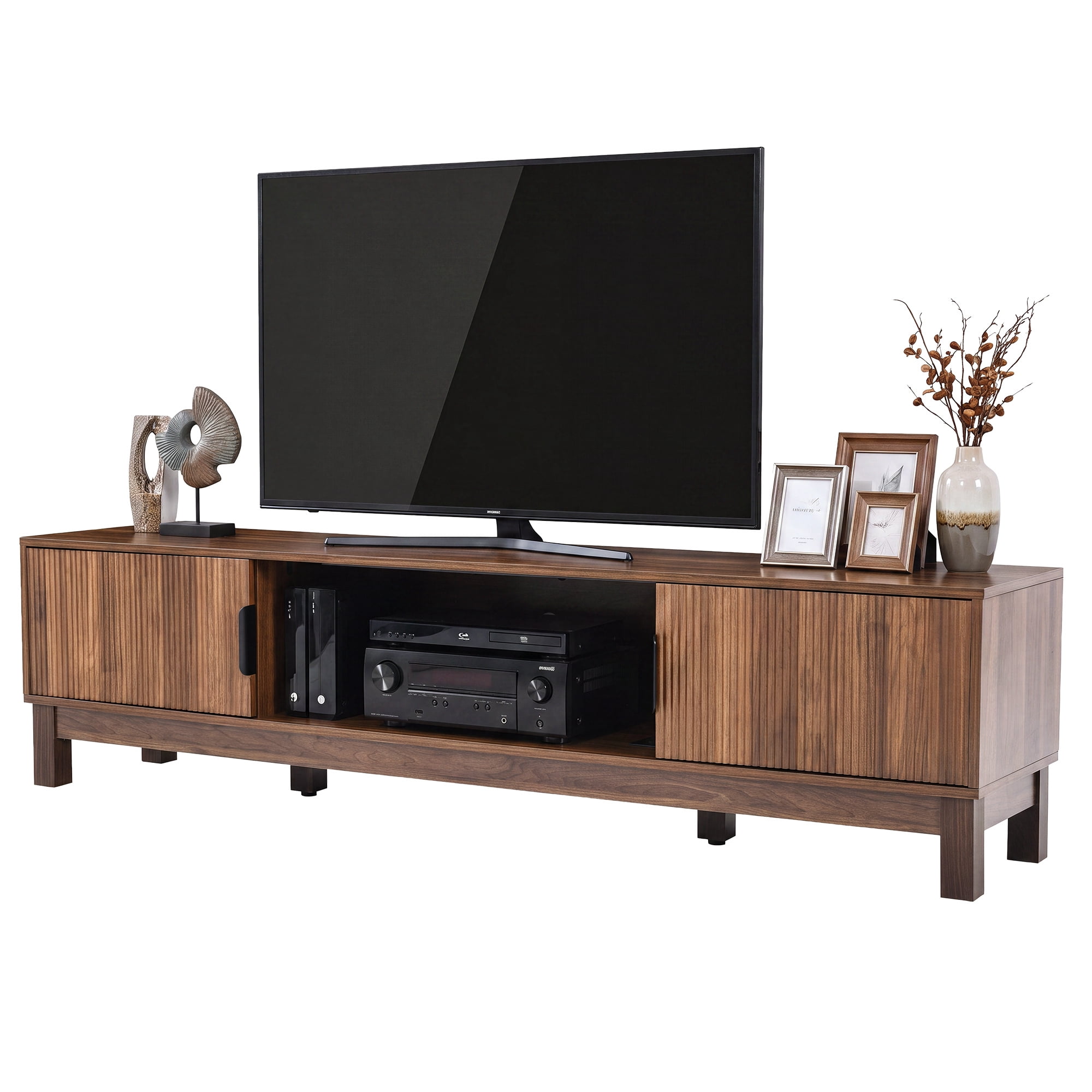 Uforic 70 Inch Mid-Century Modern Fluted TV Stand with Built-in Charging Station, Adjustable Shelves & Cable Management for 75/80 Inch TVs, Walnut Oak