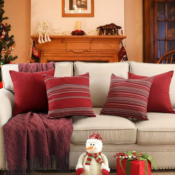 HTOOQ Set of 4 Decorative Christmas Pillow Cover Stripe and Solid Cushion Cases for Couch Sofa Bedroom Living Room Bedroom Holiday Decor 18 x18