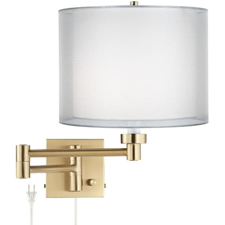 

Barnes and Ivy Alta Vintage Swing Arm Wall Lamp Warm Antique Brass Plug-in Light Fixture Double Sheer Silver White Drum Shade for Bedroom Bedside Home