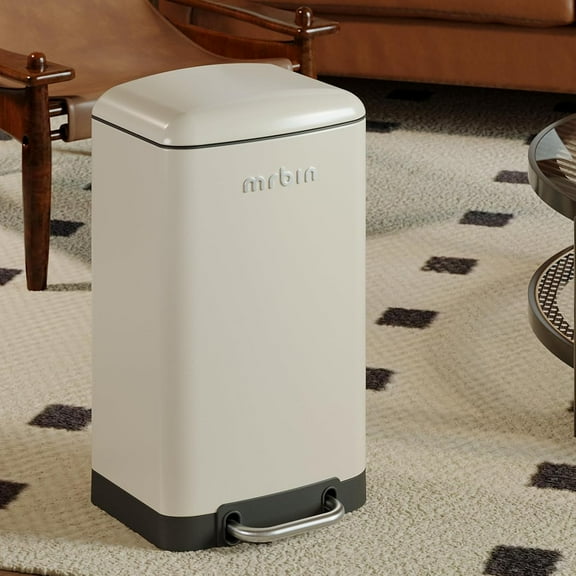 g  Bathroom Trash Can with Lid, Metal Step Kitchen Waste Basket Touchless Soft Close, 20L / 5.2gal Rectangle Garbage Bucket with Stainless Steel Pedal for Office, Bedroom Accessories, White，Trash can