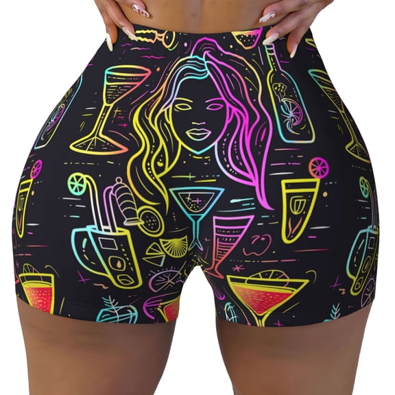 Seamless Workout Shorts Women - Neon Bar Drinks Biker Gym Running Yoga Spandex Shorts for Women