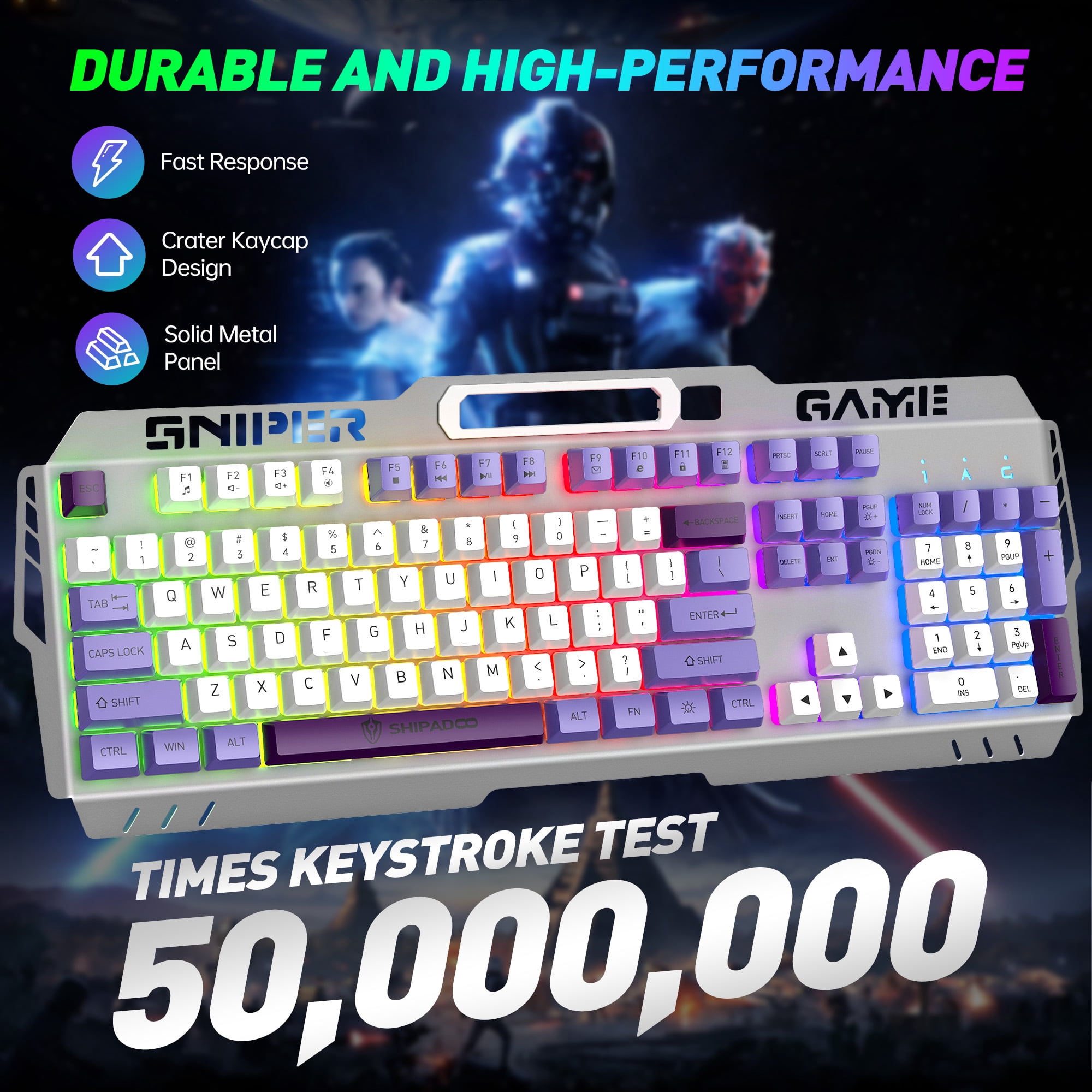 104 Keys RGB Light up Gaming Keyboard, All-Metal Panel & IPX3 Waterproof with Detachable Wrist Rest - USB Wired Computer Keyboard for Windows PC Gamer, Purple & White