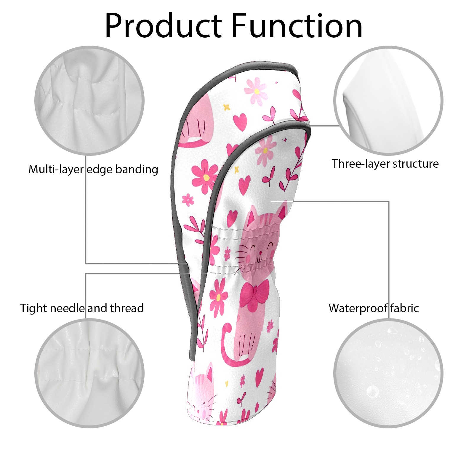 Golf Club Covers, Pink CatFlower Premium PU Leather Driver Hybrid Putter Head Covers with Velvet Lining, Waterproof Golf Gifts for Men Women