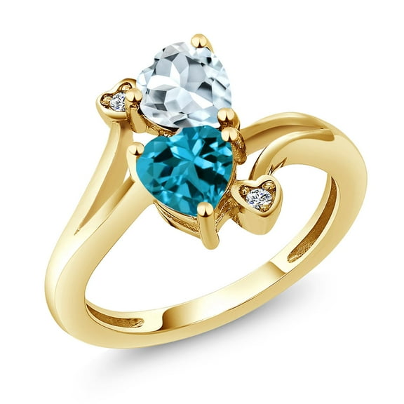 Gem Stone King 18K Yellow Gold Plated Silver Sky Blue Aquamarine London Blue Topaz and White Moissanite Ring for Women (1.71 Cttw, Heart Shape 6MM, Gemstone March Birthstone, Size 5)