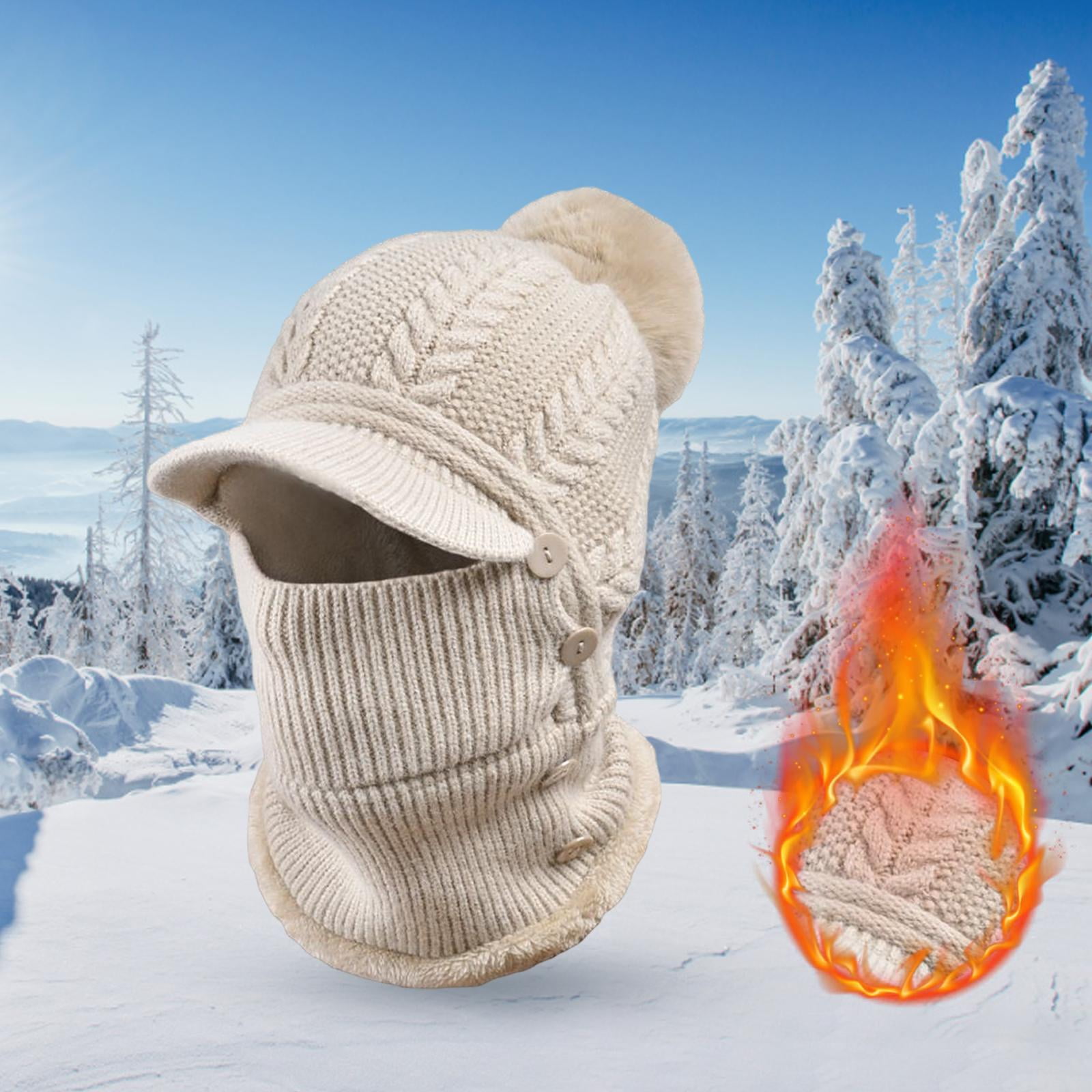 DimyFew Elastic Knitted Beanie Hat Neck Gaiter Breathable Button Warmer Winter Ski Mask Khaki